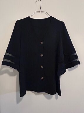 Black Button-Front Women’s Top with‎ Sheer Sleeve Stripes